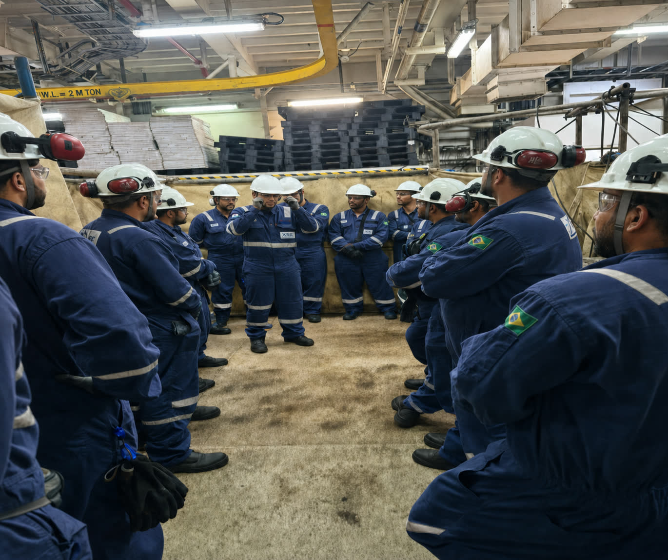 Equipe técnica da XSE Solutions em diálogo de segurança antes do turno, a bordo