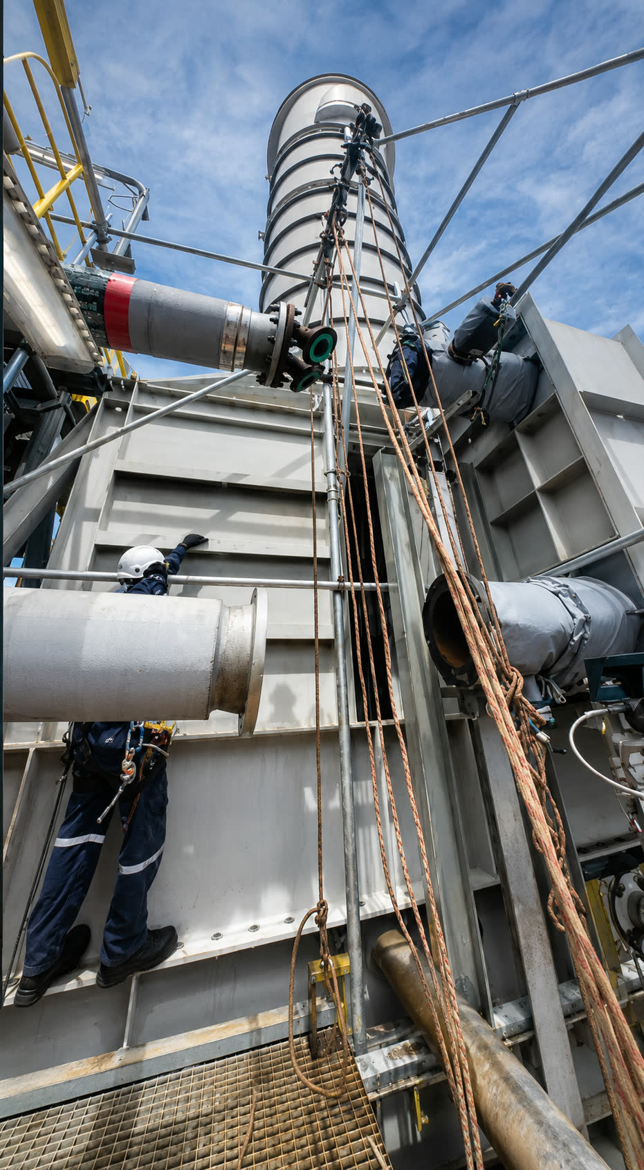 Técnicos da XSE Solutions em acesso por corda durante intervenção em plataforma offshore