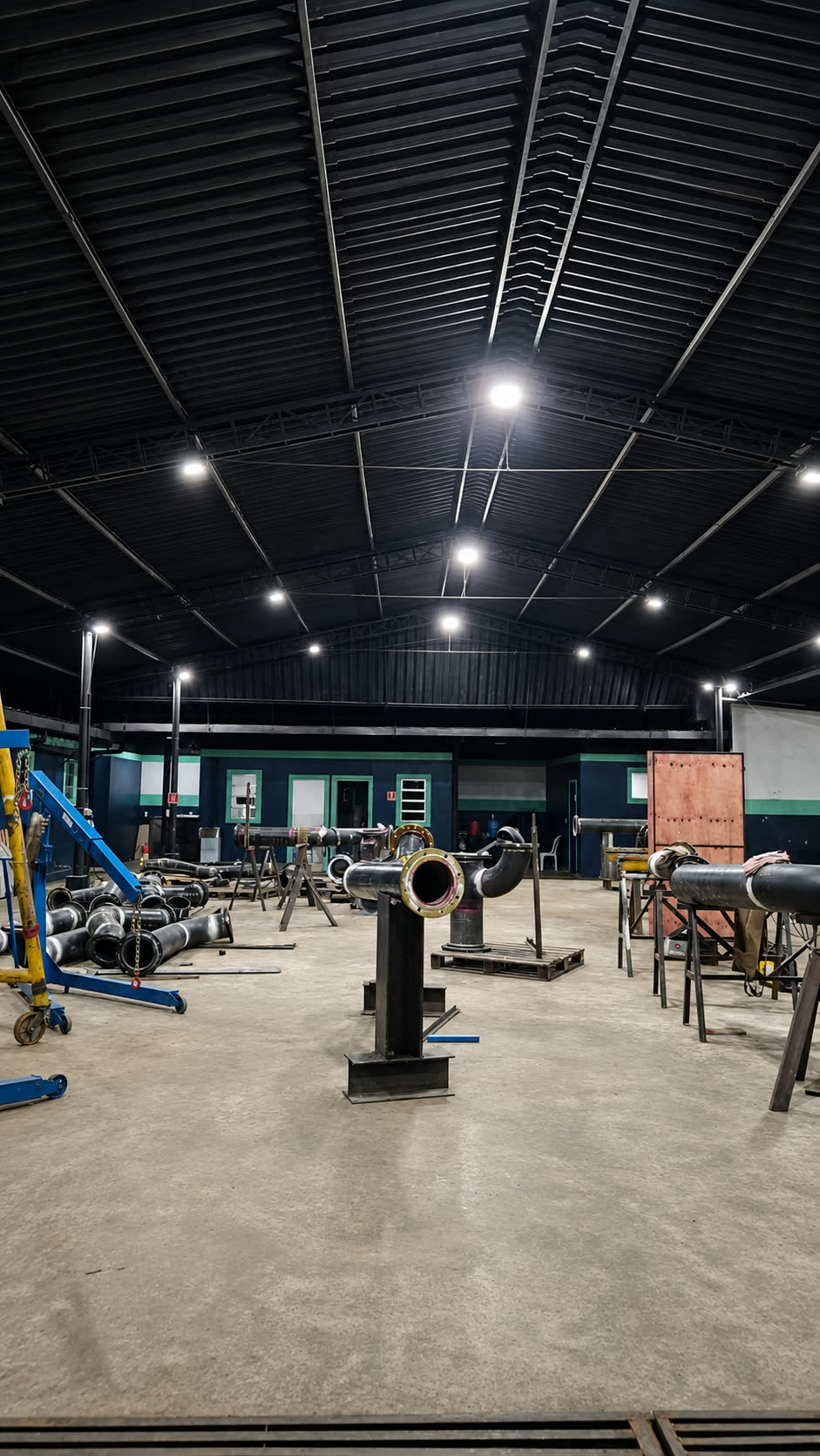 Área de fabricação com spools em cavaletes, XSE Solutions